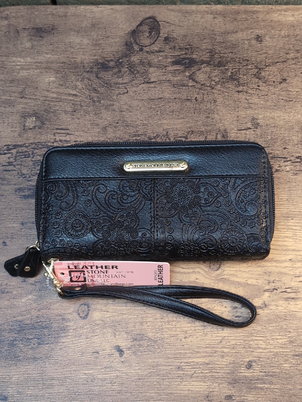 Stone Mountain Black Paisley Embossed Leather Zip Wristlet Wallet